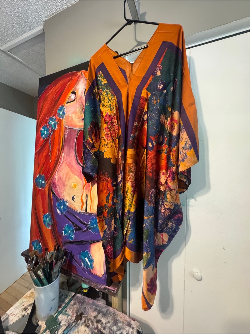 Boutique Silky Scarf Kaftan Tunic Dress Vibrant Floral Jewel Tone OSFM Boho - Picture 9 of 11